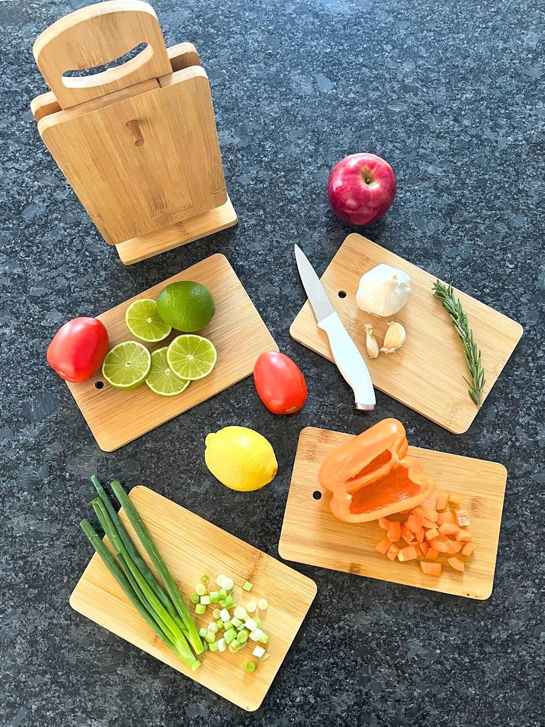 Juego de 6 tablas de cortar de bambú con soporte