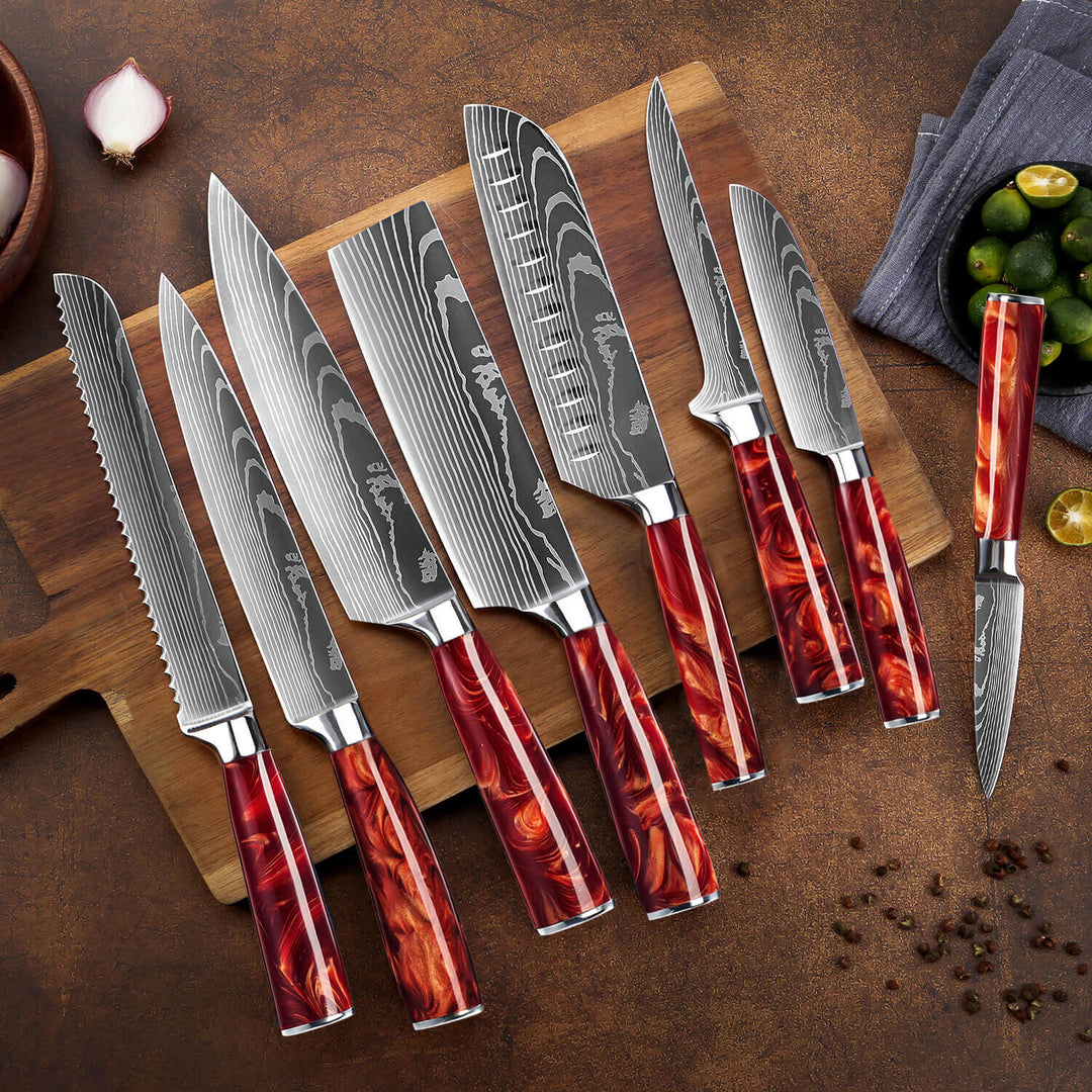Colección Ember — Juego de 8 cuchillos de cocina de acero damasco japonés VG-10