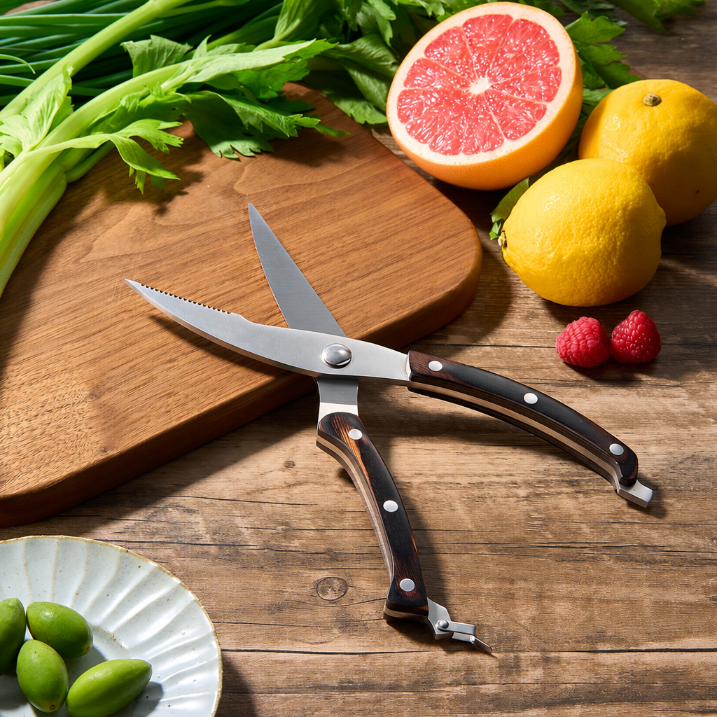 Tijeras de cocina universales Imperiales — hojas microdentadas y mango liso de pakkawood