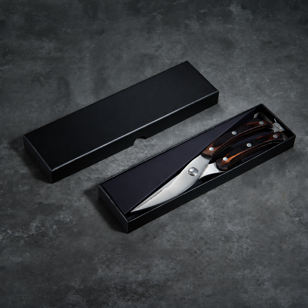 Tijeras de cocina universales Imperiales — hojas microdentadas y mango liso de pakkawood