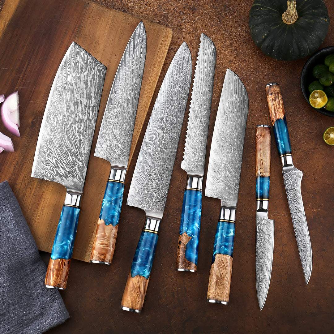 Colección Neptun — Set de 7 cuchillos de cocina de acero damasco japonés VG-10