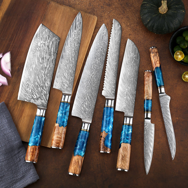 Colección Neptun — Set de 7 cuchillos de cocina de acero damasco japonés VG-10