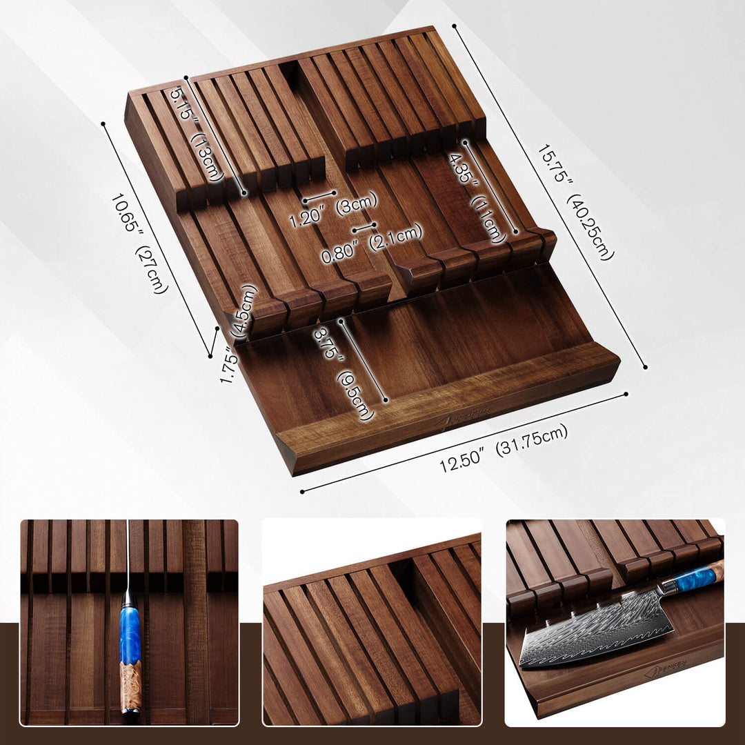 Bloque de Almacenamiento de Cuchillos para Cajón — Madera de Acacia, 17 Ranuras
