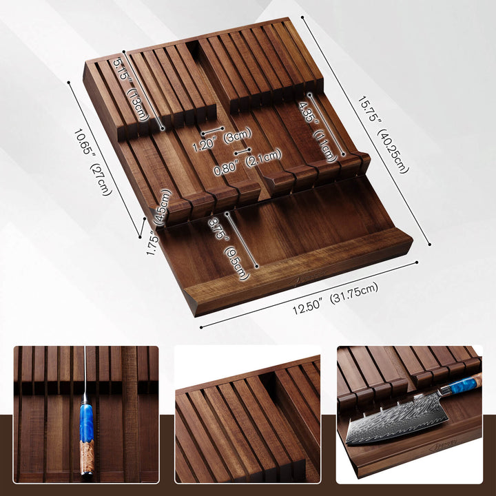 Bloque de Almacenamiento de Cuchillos para Cajón — Madera de Acacia, 17 Ranuras