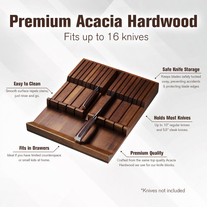 Bloque de Almacenamiento de Cuchillos para Cajón — Madera de Acacia, 17 Ranuras
