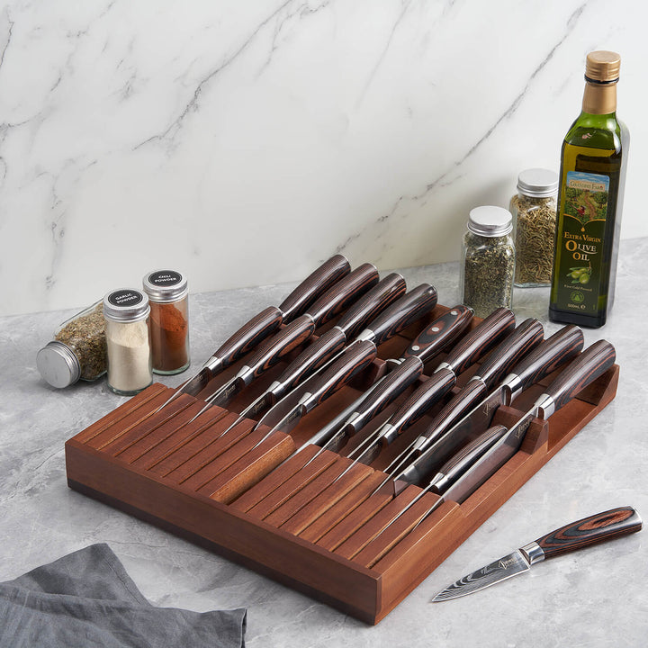 Bloque de Almacenamiento de Cuchillos para Cajón — Madera de Acacia, 17 Ranuras