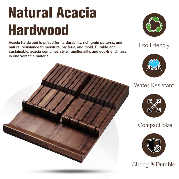 Bloque de Almacenamiento de Cuchillos para Cajón — Madera de Acacia, 17 Ranuras