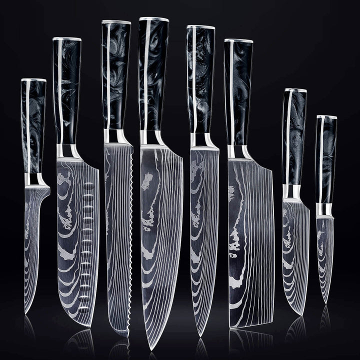 Colección Shadow — Set de 8 cuchillos de cocina de acero damasco japonés VG-10