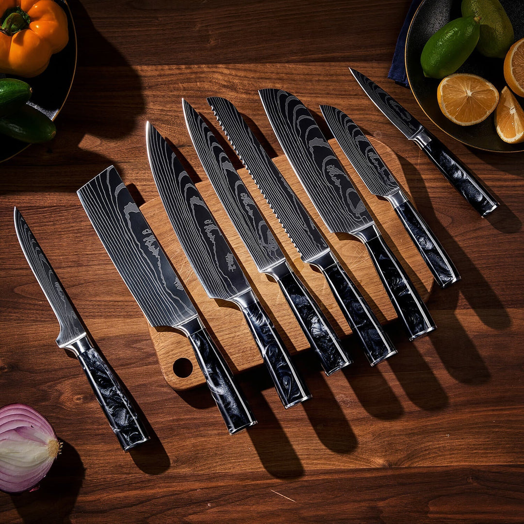 Colección Shadow — Set de 8 cuchillos de cocina de acero damasco japonés VG-10