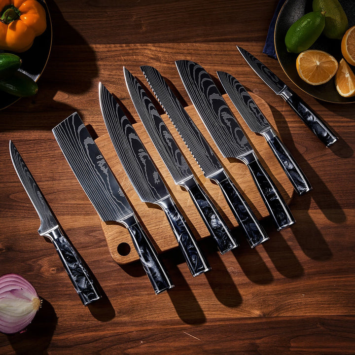 Colección Shadow — Set de 8 cuchillos de cocina de acero damasco japonés VG-10