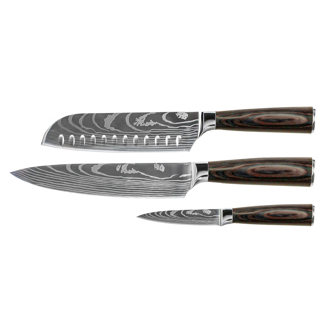JUEGO DE 3 CUCHILLOS DE DAMASCO – CUCHILLO DE COCINA + SANTOKU + CUCHILLO DE PELAR