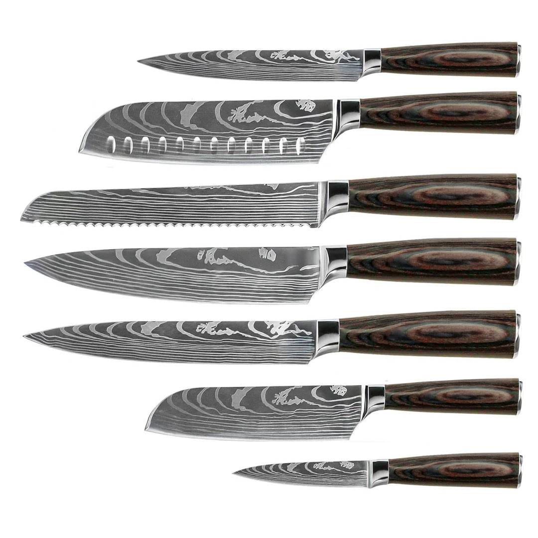 Juego de 7 cuchillos de damasco con bloque magnético de madera de acacia