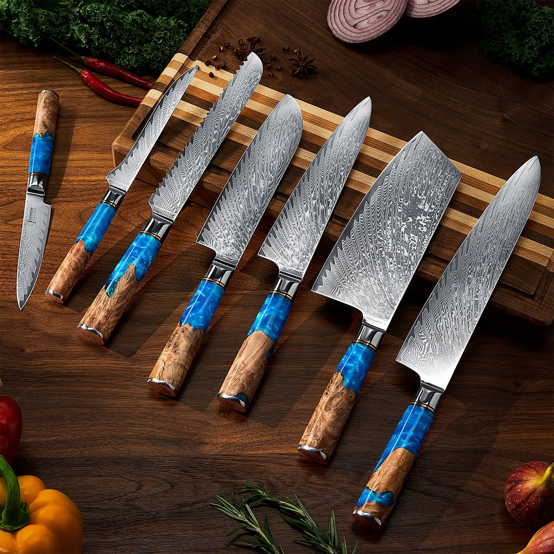Colección Neptun — Set de 7 cuchillos de cocina de acero damasco japonés VG-10