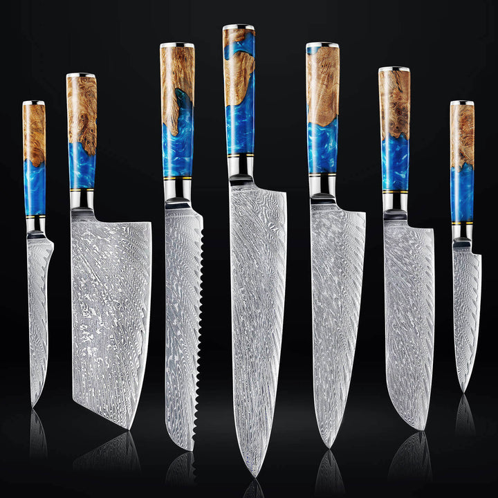 Colección Neptun — Set de 7 cuchillos de cocina de acero damasco japonés VG-10