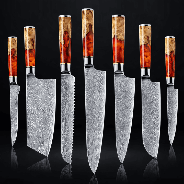 Colección Vulkán — Set de 7 cuchillos de cocina de damasco japonés de acero VG-10