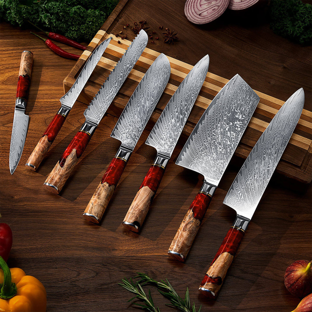 Colección Vulkán — Set de 7 cuchillos de cocina de damasco japonés de acero VG-10