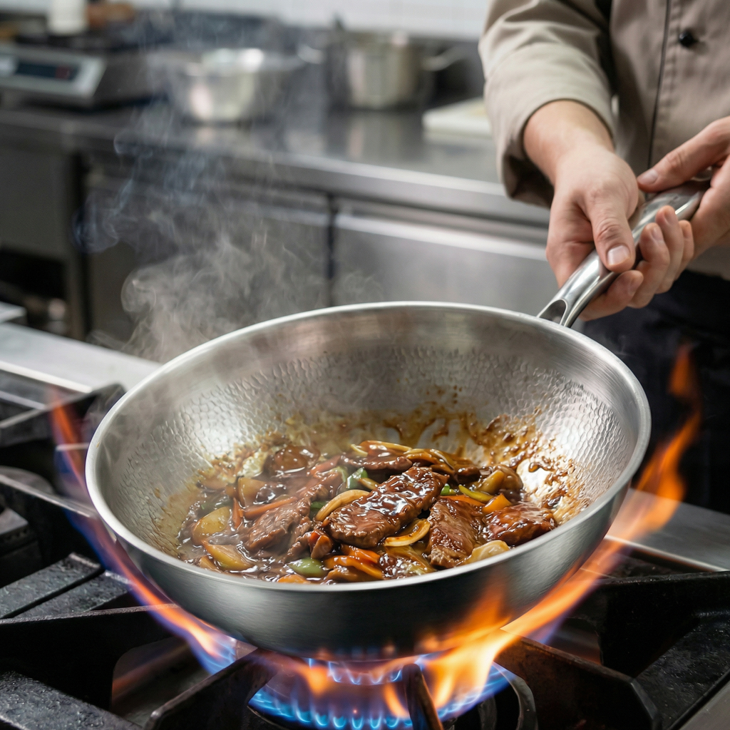 Wok de titan con fondo plano y superficie martelada