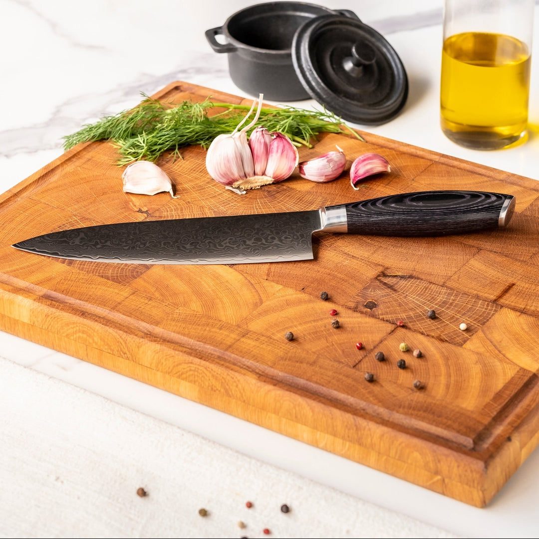 Cuchillo de cocina Damascus Pakka Wood 20 cm – elegancia y precisión en cada cocina