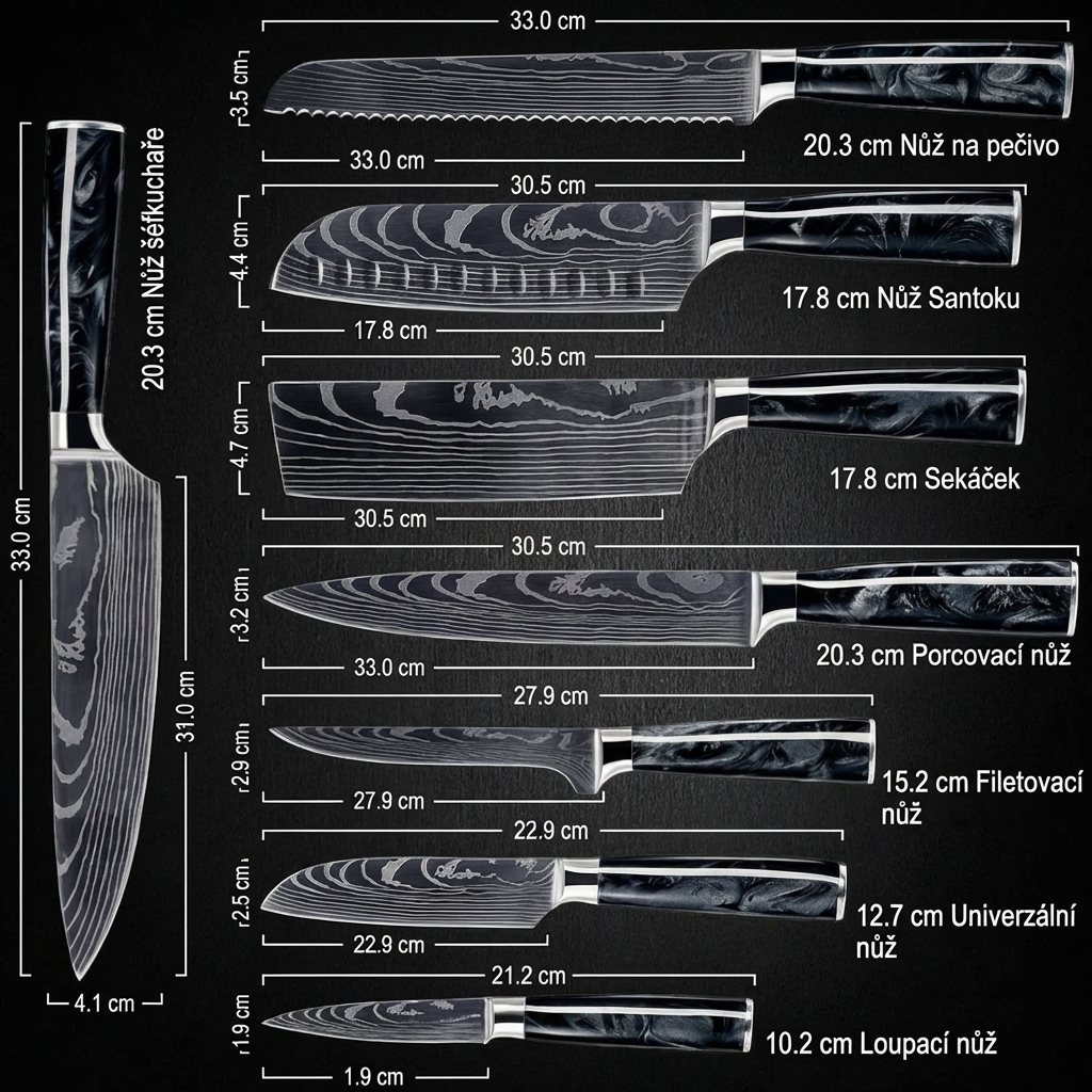 Colección Shadow — Set de 8 cuchillos de cocina de acero damasco japonés VG-10