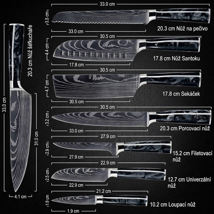 Colección Shadow — Set de 8 cuchillos de cocina de acero damasco japonés VG-10