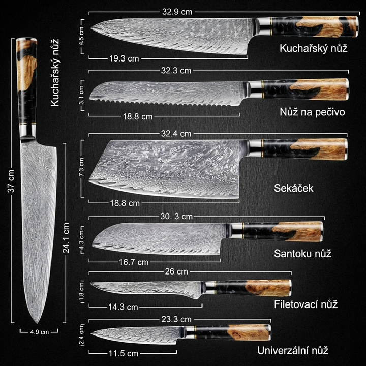 Colección Obsidiana — Set de 7 cuchillos de cocina japoneses de acero VG-10