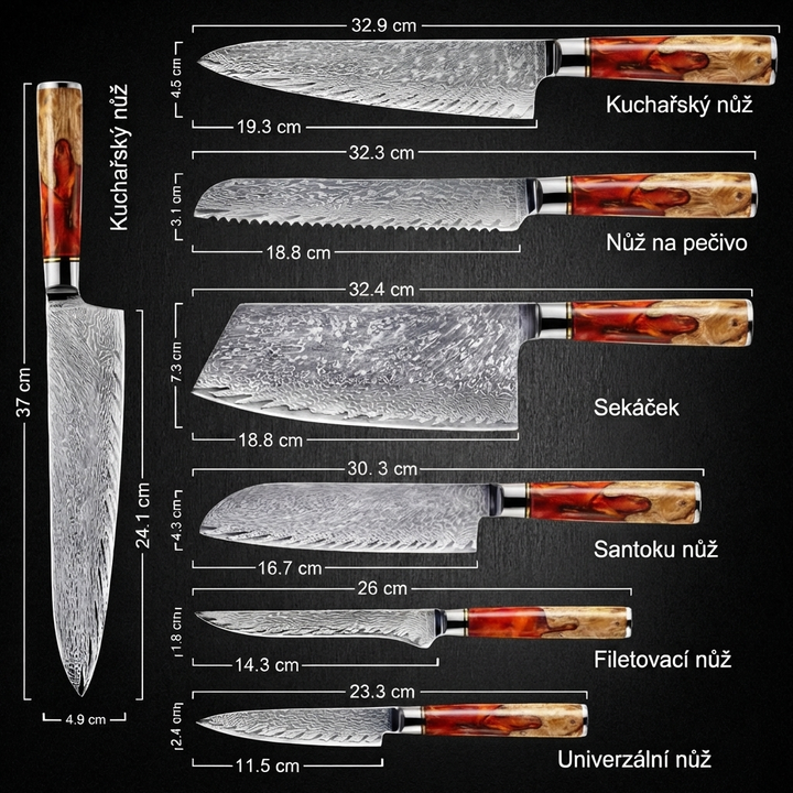 Colección Vulkán — Set de 7 cuchillos de cocina de damasco japonés de acero VG-10