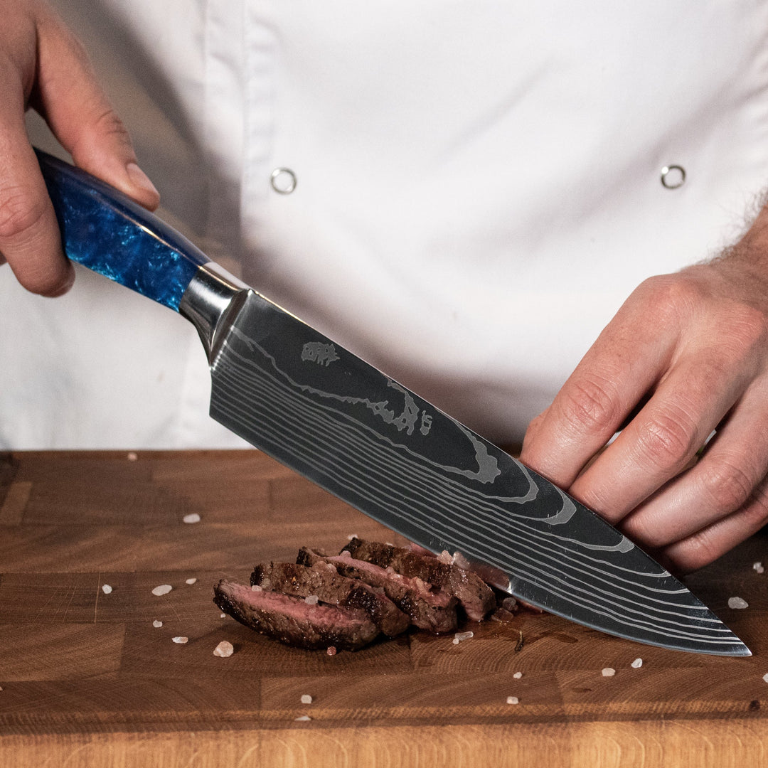 Cuchillo de chef de Damasco 20 cm – Mango de epoxi Zafiro