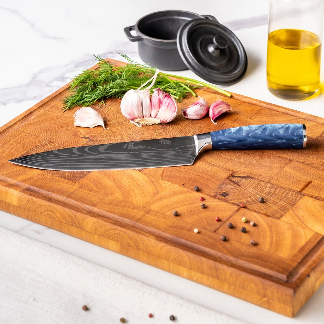 Cuchillo de chef de Damasco 20 cm – Mango de epoxi Zafiro