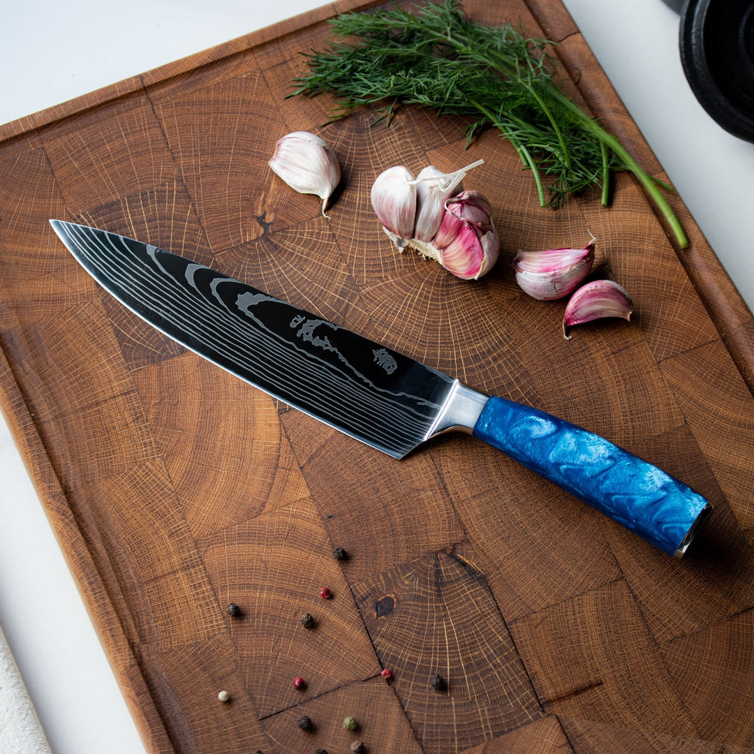Cuchillo de chef de Damasco 20 cm – Mango de epoxi Zafiro