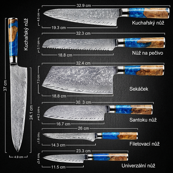 Colección Neptun — Set de 7 cuchillos de cocina de acero damasco japonés VG-10