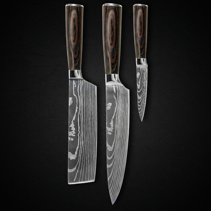 JUEGO DE 3 CUCHILLOS DE DAMASCO – CUCHILLO DE COCINA + NAKIRI + CUCHILLO PELADOR