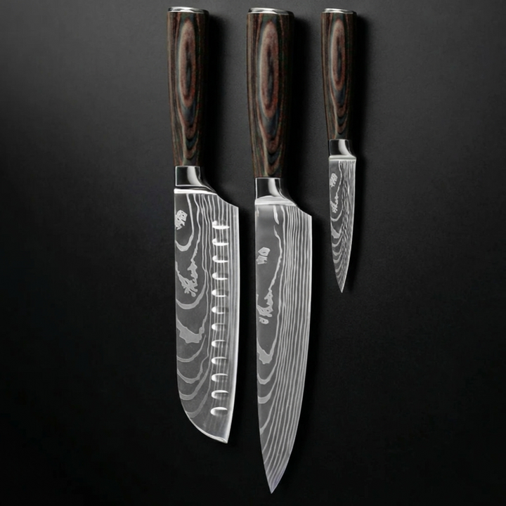 JUEGO DE 3 CUCHILLOS DE DAMASCO – CUCHILLO DE COCINA + SANTOKU + CUCHILLO DE PELAR