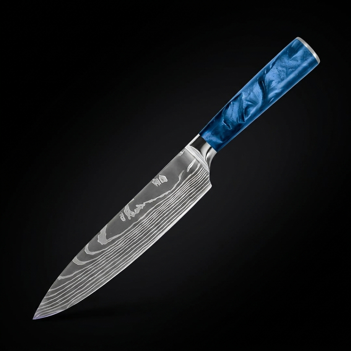 Cuchillo de chef de Damasco 20 cm – Mango de epoxi Zafiro