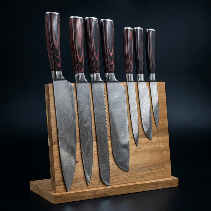 Juego de 7 cuchillos de damasco con bloque magnético de madera de acacia